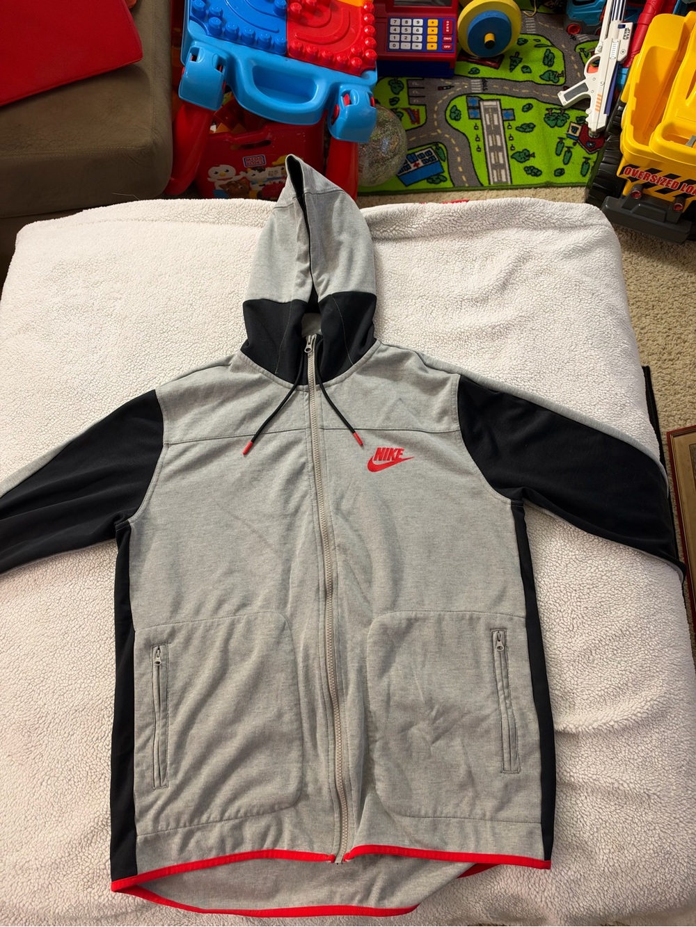 Nike Mens Large Grey & Black Zip Hoodie with Red Logo